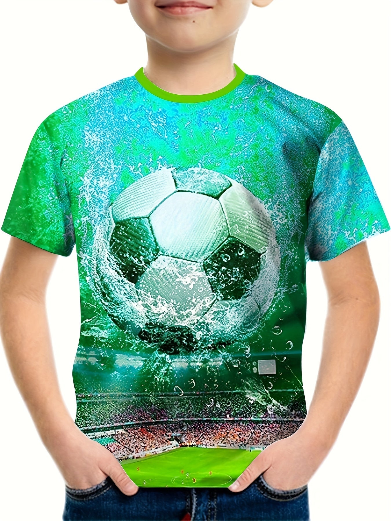 Football In Water 3D Print Boy's T-shirt Short Sleeve Casual Summer Top