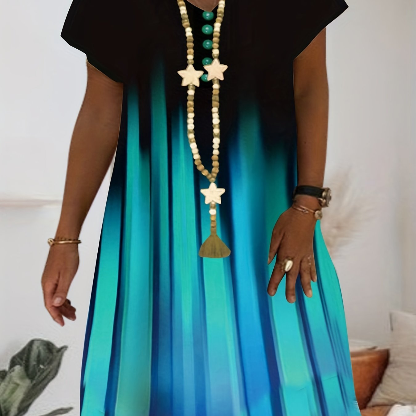 Ombre Print Short Sleeve V Neck Tee Dress