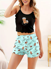 Coffee Print Pajama Set Crew Neck Cami Top & Elastic Waistband Shorts