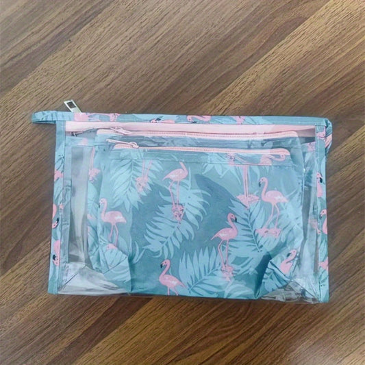 3pcs Flamingo Cactus Clear Makeup Bag Set Travel Toiletry Water resistant