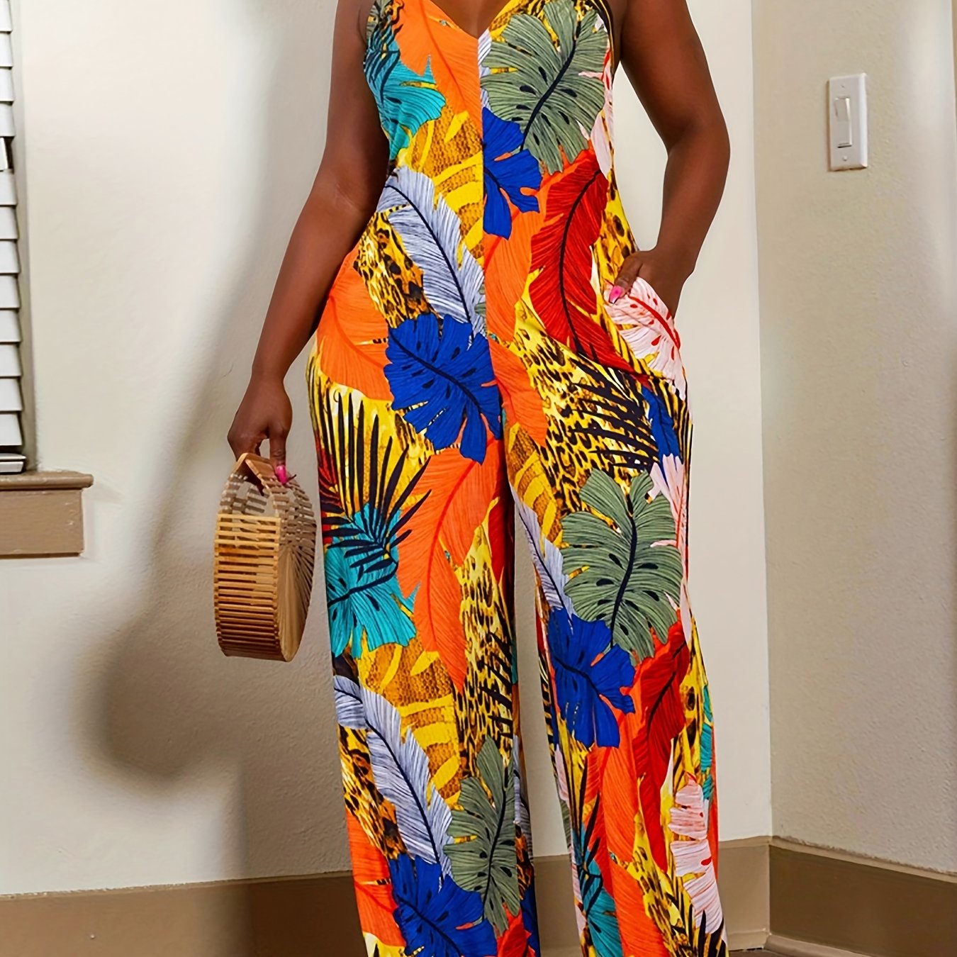Tropical Print Wide Leg Jumpsuit Boho Backless Halter Jumpsuit