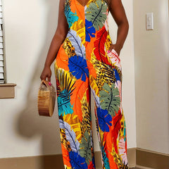Tropical Print Wide Leg Jumpsuit Boho Backless Halter Jumpsuit