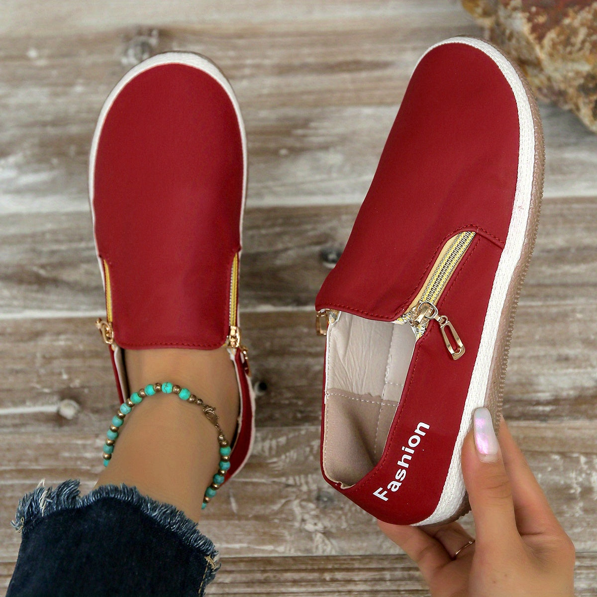 Women's Zipper Detail Canvas Shoes Espadrille Sole Slip On Flat Shoes