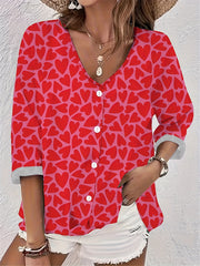 Heart Print Button Up Long Sleeve V Neck Blouse