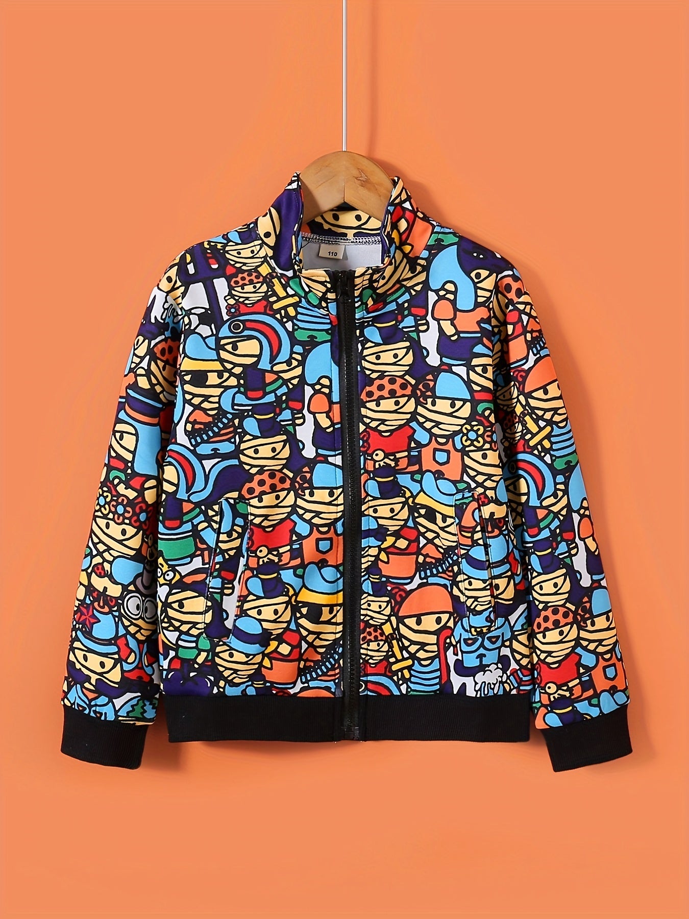 Boys Cartoon Character Jacket Long Sleeves Zipper Stand Collar