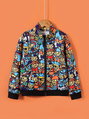 Boys Cartoon Character Jacket Long Sleeves Zipper Stand Collar
