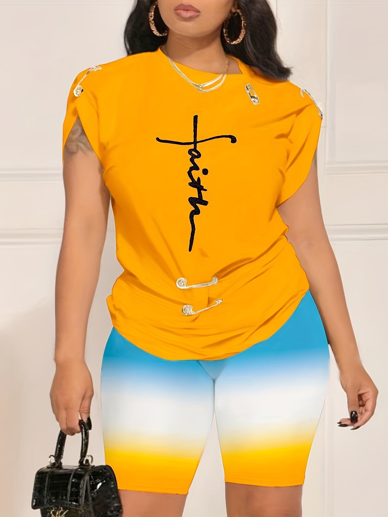 Women's Plus Cross Print Tee & Ombre Shorts Set
