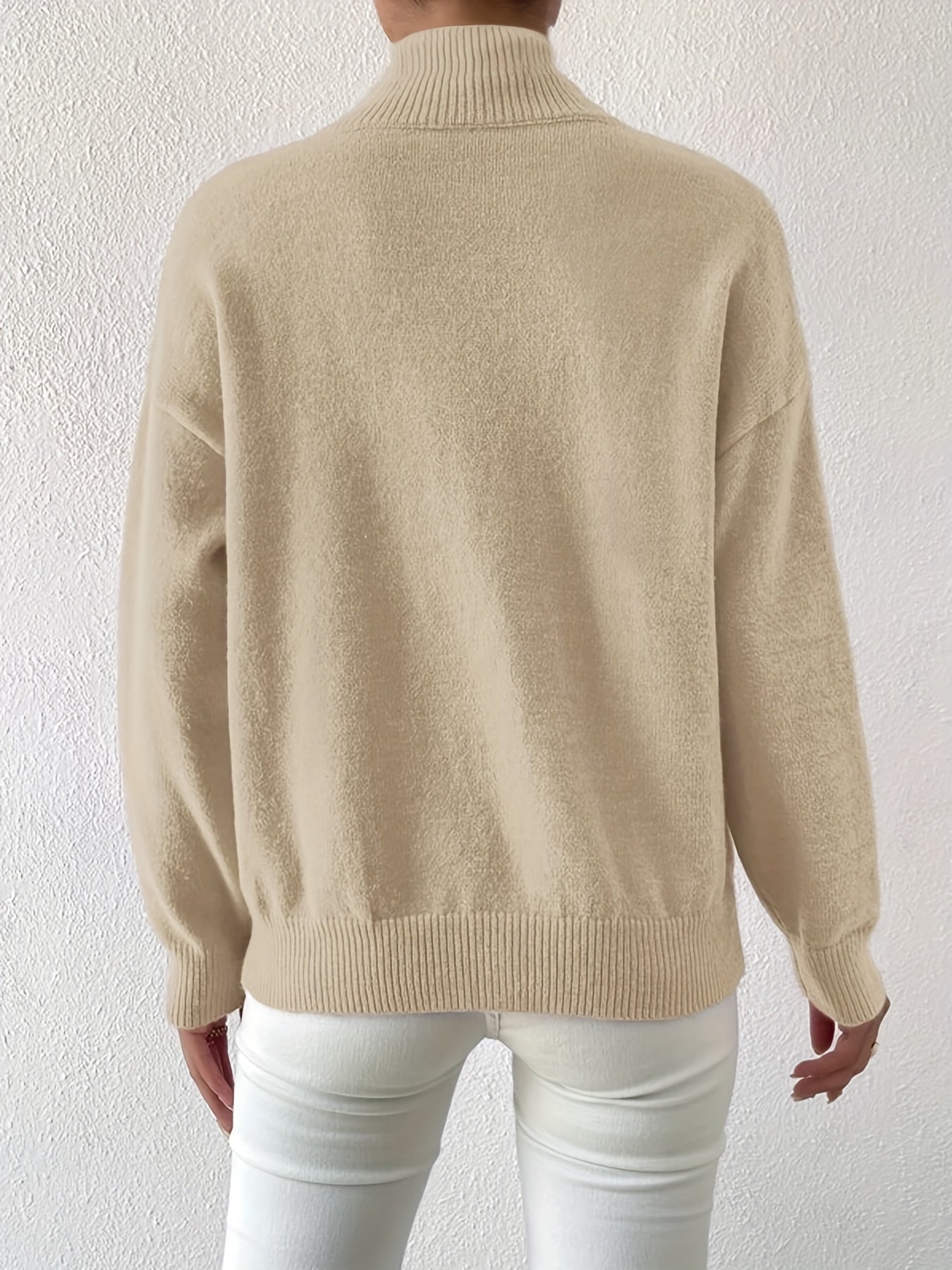 Solid Mock Neck Knit Sweater Drop Shoulder Long Sleeve Women's Clothing