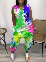 Tie Dye Print Sleeveless Jumpsuit Women's Plus High Stretch