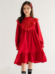 Girls' Solid Ruffle Trim Long Sleeve Dress For Christmas Party