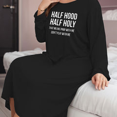 Lounge Dress Women's Plus Letter Print Long Sleeve Nightdress