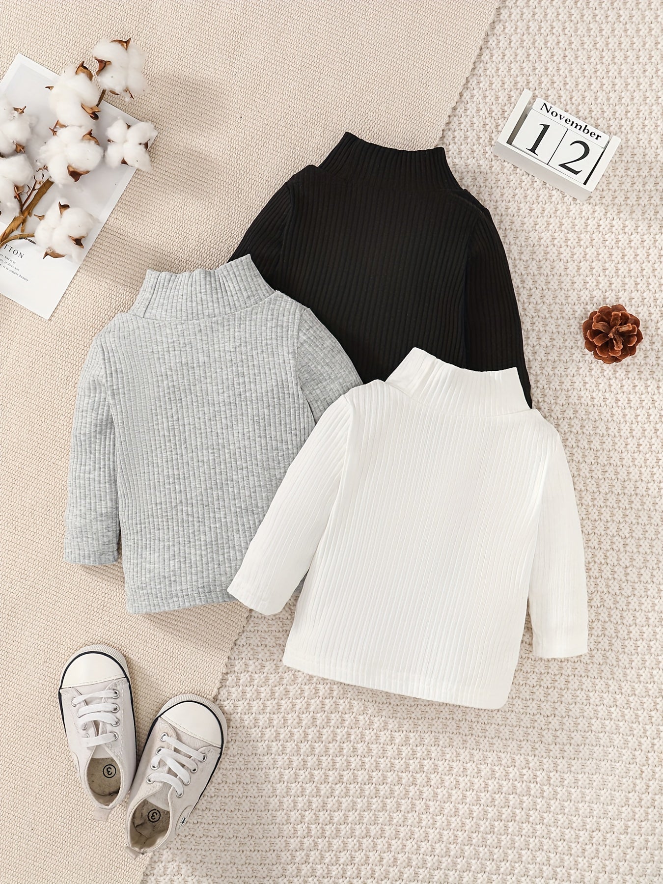 Baby's Turtleneck Ribbed All-match Long-sleeved T-shirt 3pcs Set