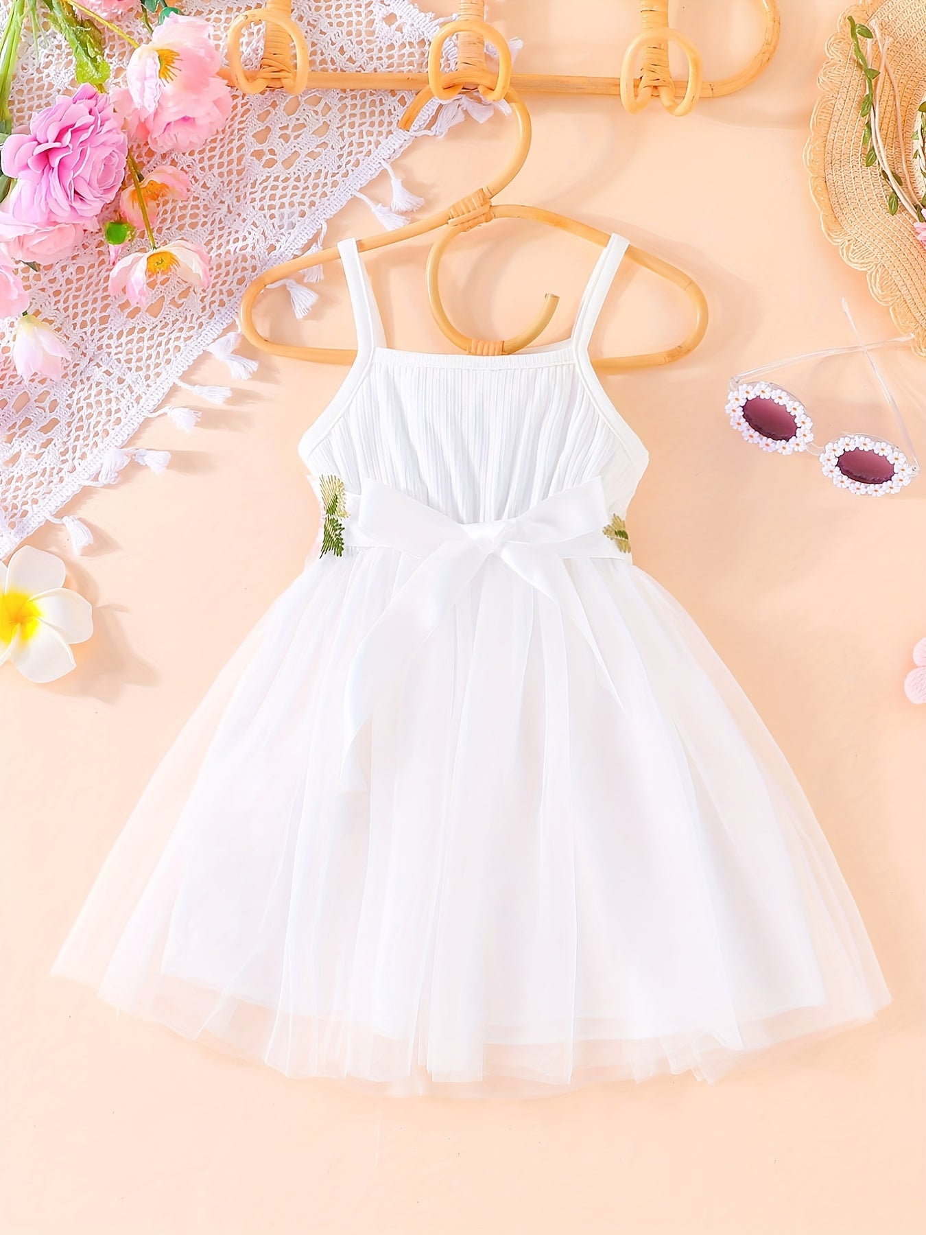 Toddler Girls Flowers Embroidery Mesh Princess Cami Dress
