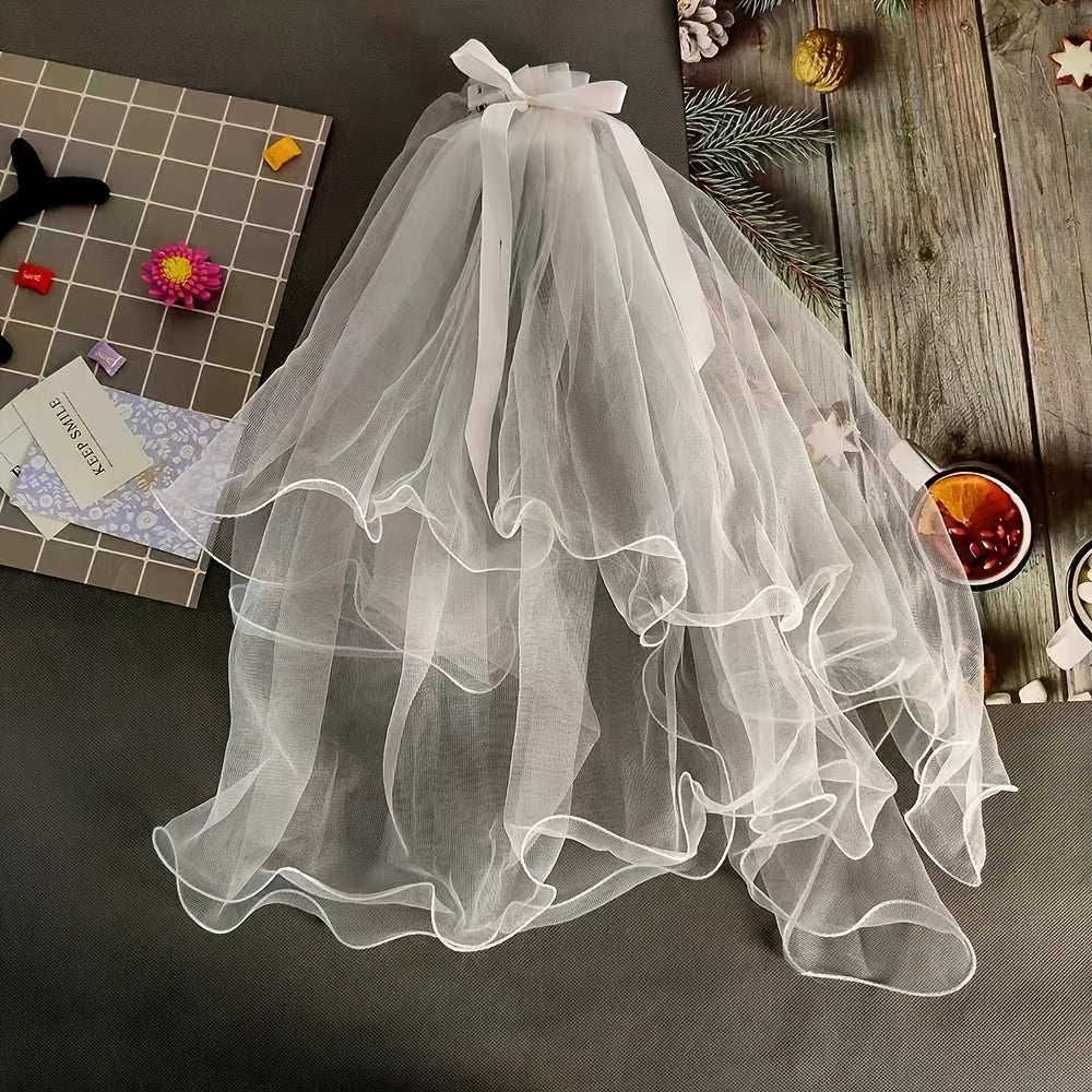 Romantic Bridal Wedding Veil with Bow Soft Tulle Cape Shawl for Bride