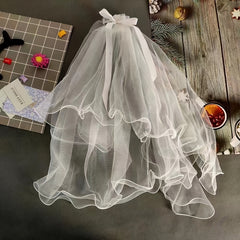 Romantic Bridal Wedding Veil with Bow Soft Tulle Cape Shawl for Bride