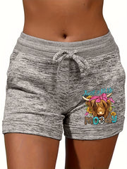 Cow Head Print Drawstring Casual Shorts for Spring & Summer