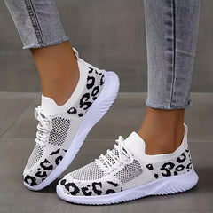 Leopard Print Knitted Walking Shoes Lace Up Lightweight Flat Shoes