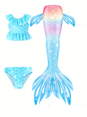 Girl's Mermaid Swimsuit 3pc Ruffled Bikini Set & Mermaid Tail