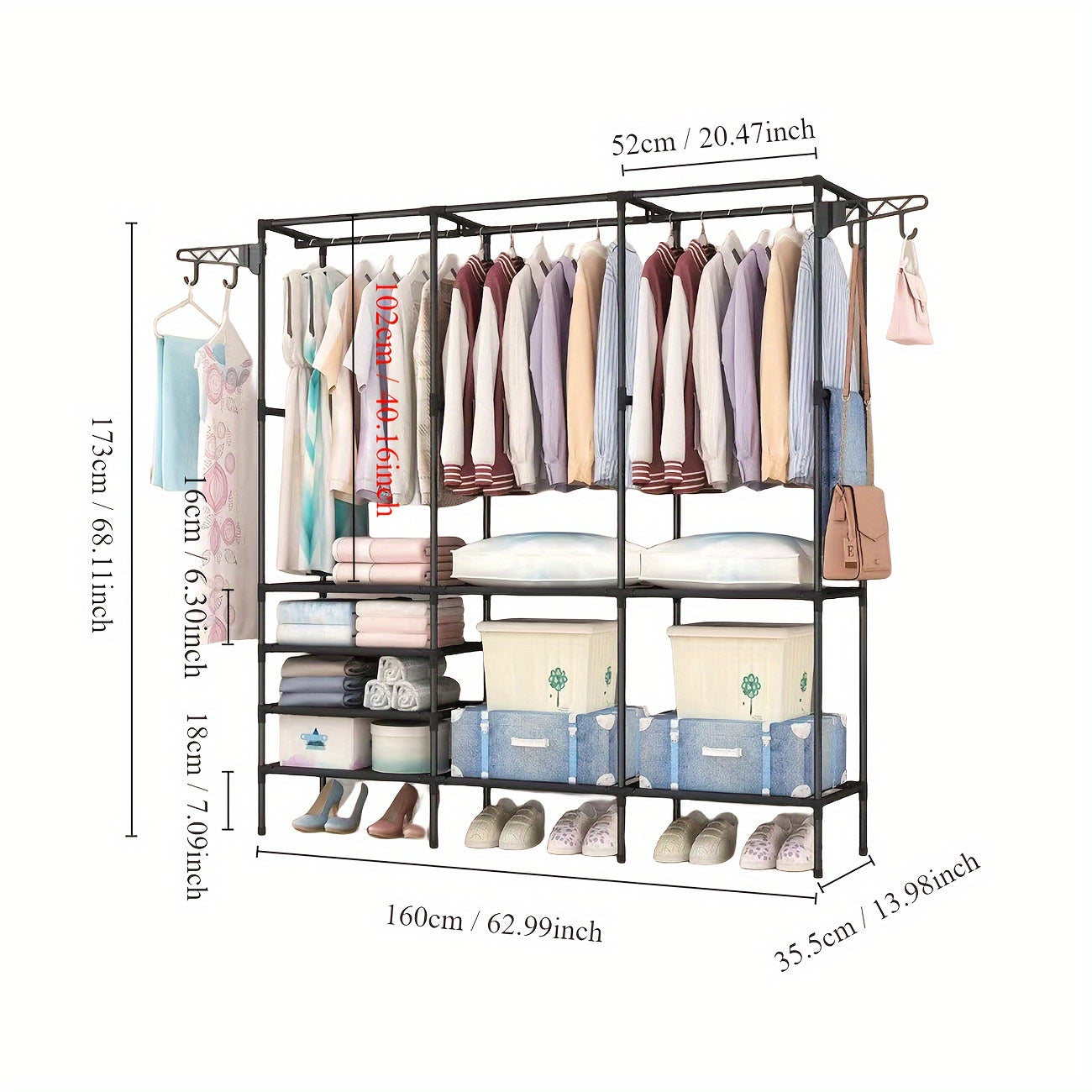 Three-row Large Capacity Carbon Steel Coat Rack Floor to Ceiling