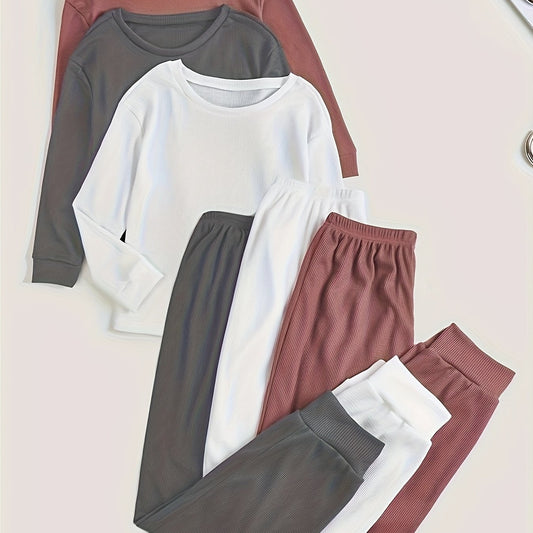 Solid Ribbed Lounge Set Long Sleeve Crew Neck Top & Elastic Waistband Pants