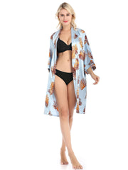Leaf Print Satin Night Robe Long Sleeve V Neck Robe Women's Sleepwear