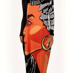 Pop Art Print Maxi Dress Long Sleeve Round Neck Plus Size Casual Dress