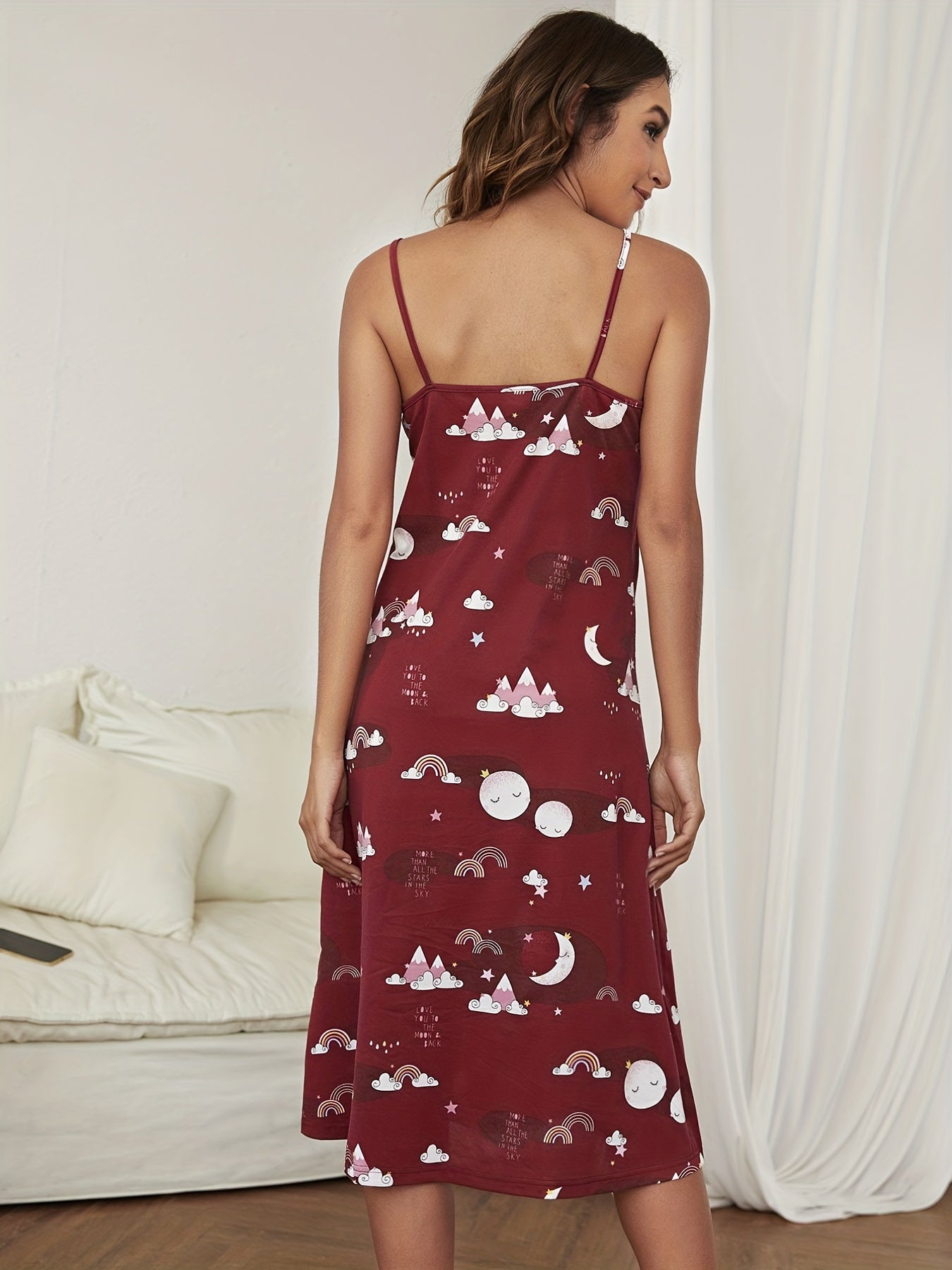 Starry Print Backless Nightdress Crew Neck Sleep Dress