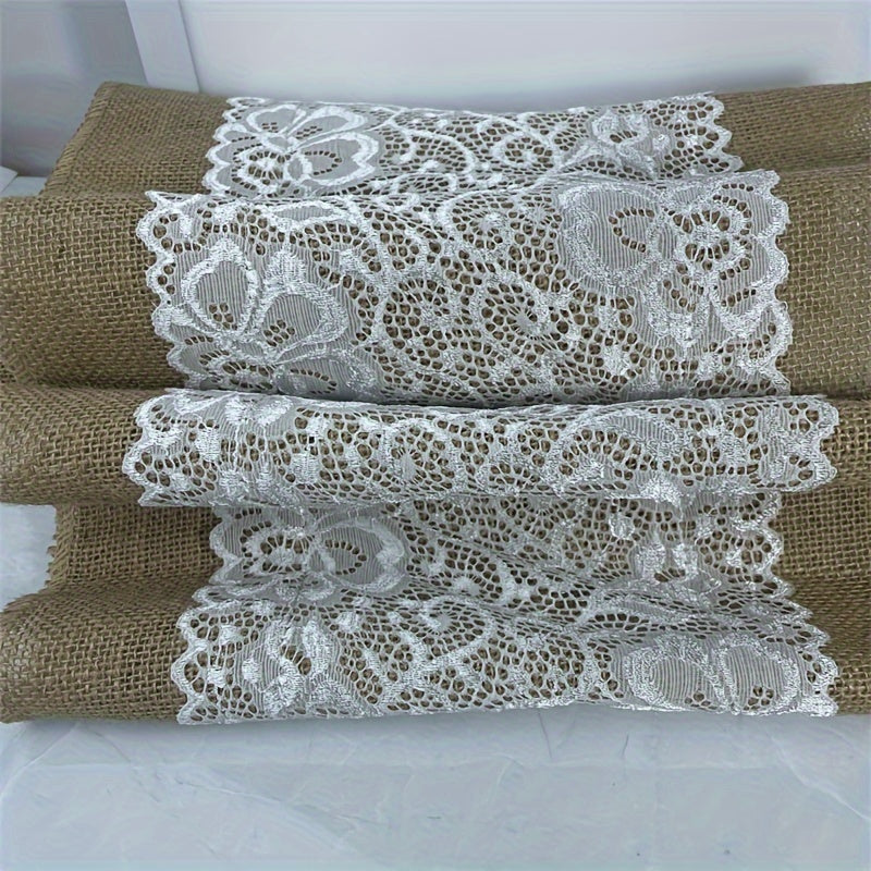 Wedding Burlap Tablecloth with Lace Macrame, Yellow - 29.97 x 275.01cm