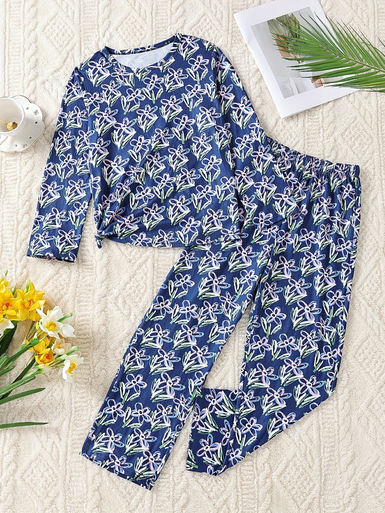 Girls 2pcs Pajamas Set Floral Print Long Sleeve Round Neck Pullover Loungewear