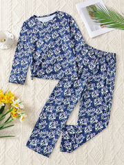 Girls 2pcs Pajamas Set Floral Print Long Sleeve Round Neck Pullover Loungewear
