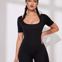 Women's Ribbed Yoga Rompers Solid Short Sleeve Sport Romper