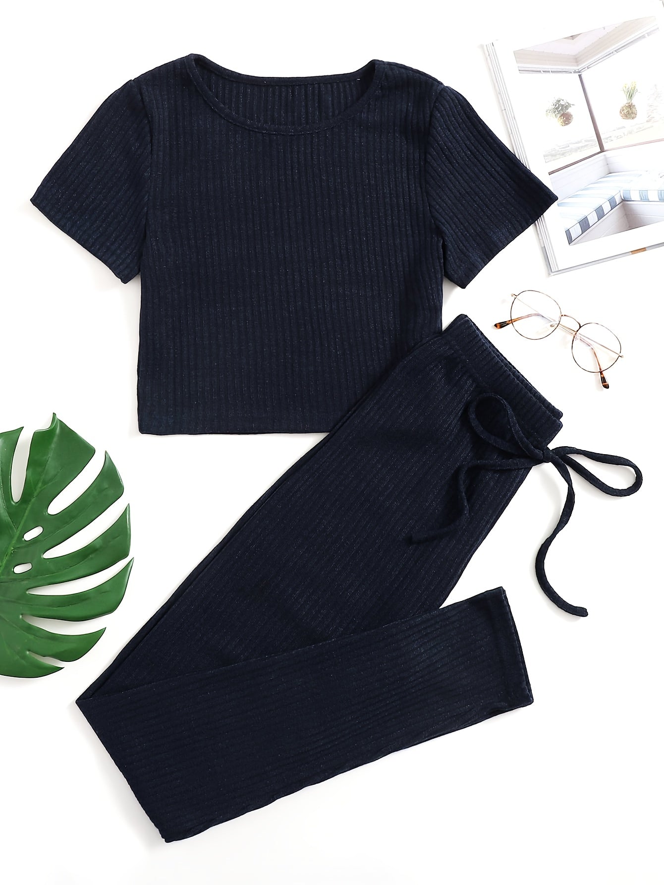 Ribbed Lounge Set Short Sleeve Crew Neck Top & Pants