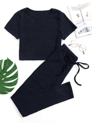 Ribbed Lounge Set Short Sleeve Crew Neck Top & Pants
