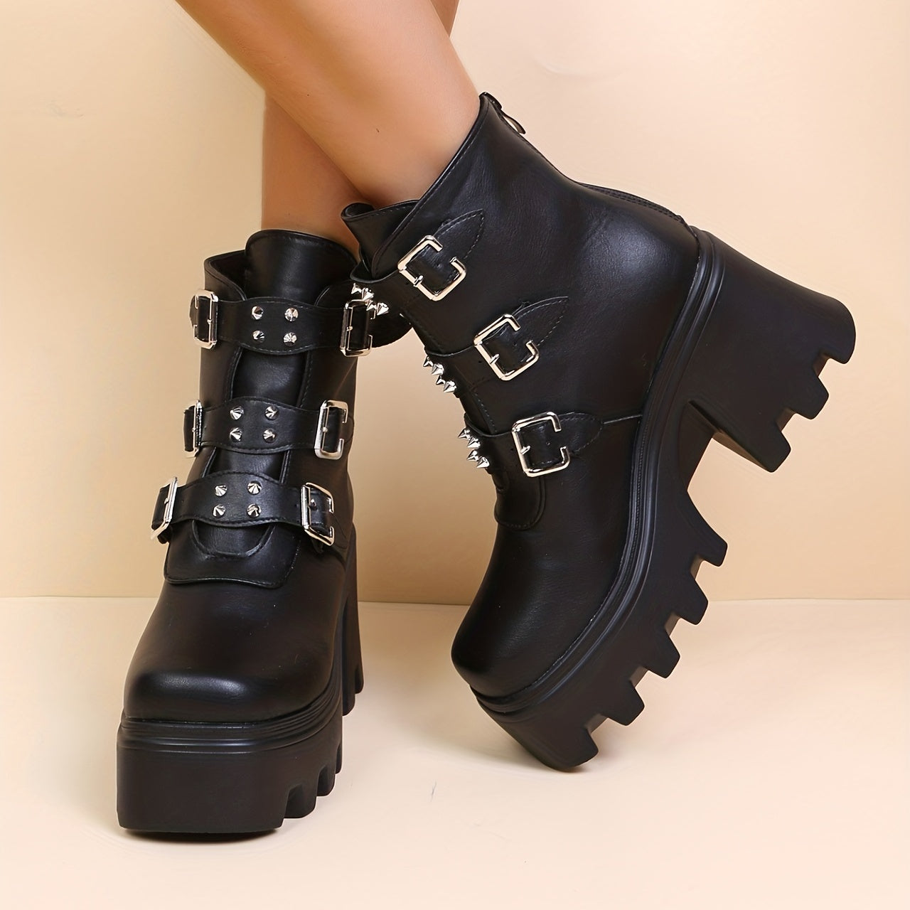 Stylish Rivets Combat Boots with Buckle Strap Chunky Heel Motorcycle Boots
