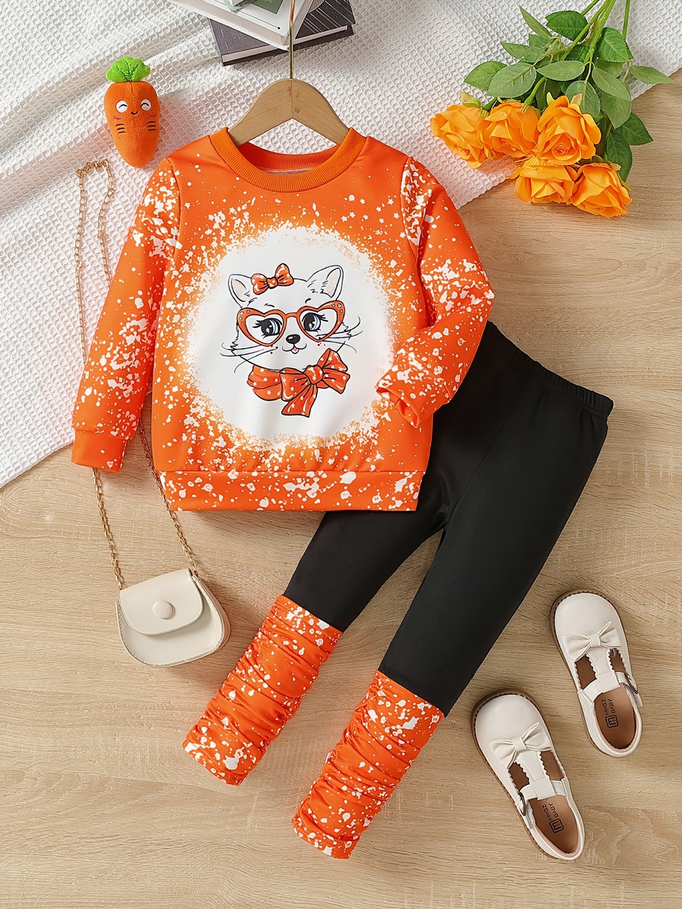 Girl's Cat Pattern 2pcs Sweatshirt & Pants Set Casual Outfits For Spring Fall