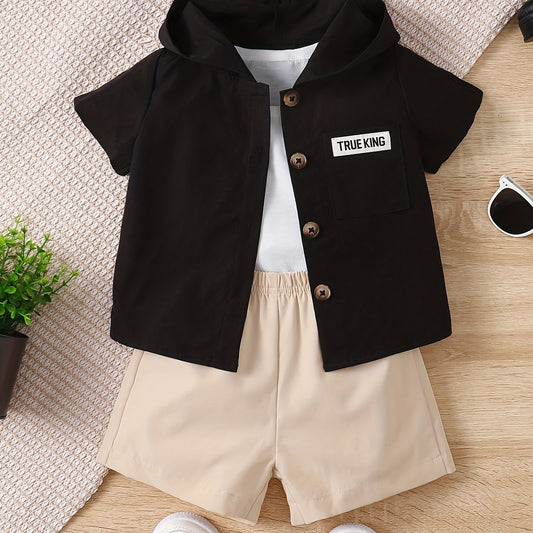 Boys Casual 3pcs Outfit T-shirt & Coat Top & Shorts Set