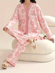 Floral Print Pajama Set Long Sleeve V Neck