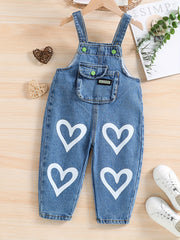 Girl's Heart Print Denim Overalls Jumpsuit Long Pants
