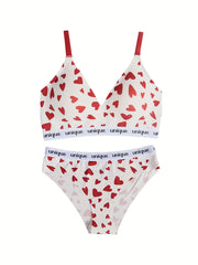 Heart Print Bra & Panties Lingerie Set Women's Underwear