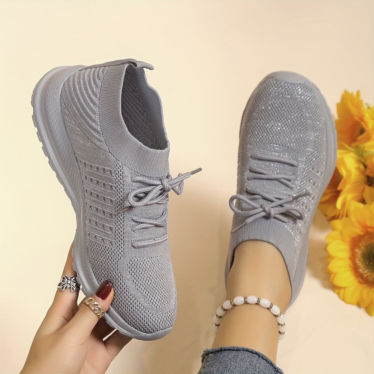 Women's Solid Knit Walking Shoes Lace Up Gym Athletic Sneakers