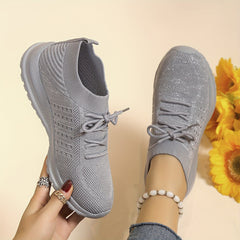 Women's Solid Knit Walking Shoes Lace Up Gym Athletic Sneakers