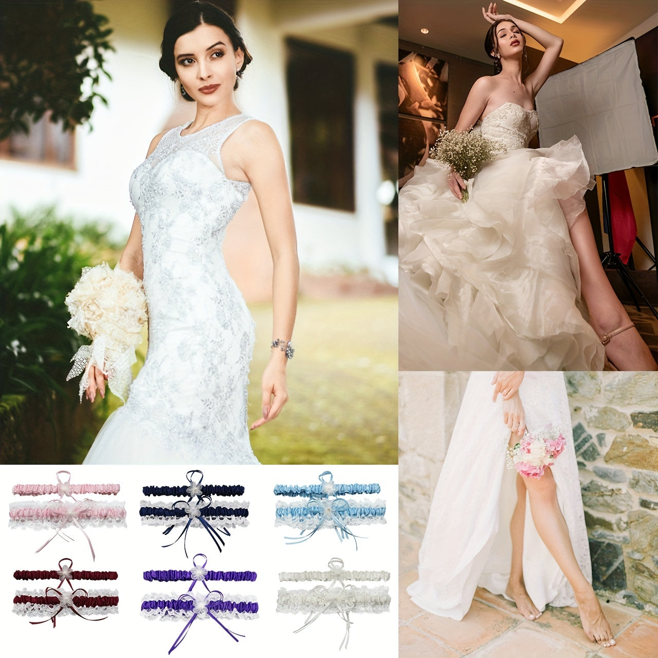 Satin Lace Bridal Garter with Ribbon Bowknot Elastic Straps