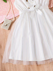 Girls Lapel Collar Sleeveless Shirt Dress Casual Outfit