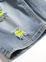 Yellow Green Mid Stretch Denim Shorts Men's Casual Street Style