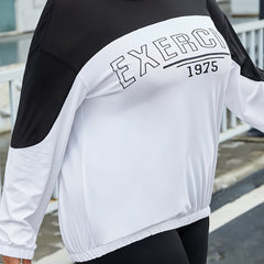 Colorblock Letter Print Hoodie Sports Top Plus Size