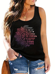Plus Size Casual Tank Top Women's Plus Slogan & Floral Print Round Neck