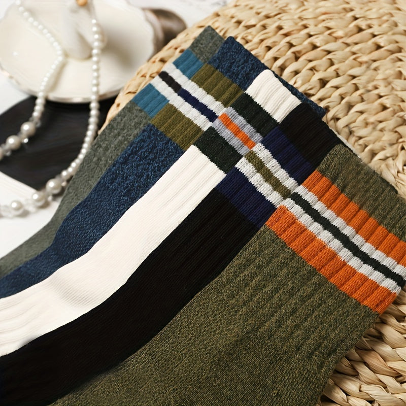 5 Pairs Colorblock Striped Socks Crew Sports Stockings