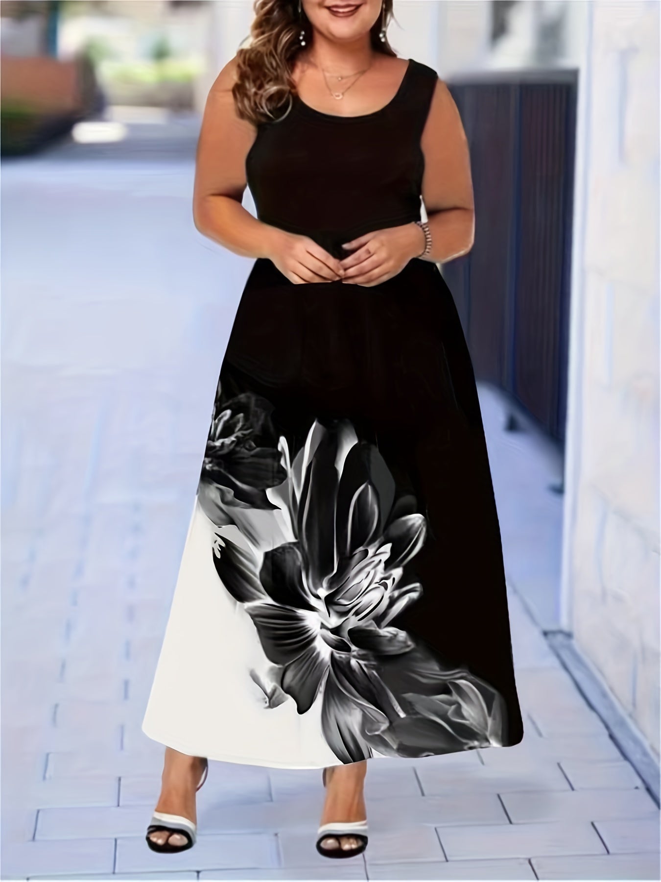 Floral Tank Dress Round Neck Maxi A-line