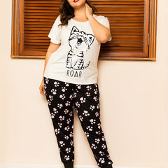Cat Print Short Sleeve Top & Paw Print Pants Set