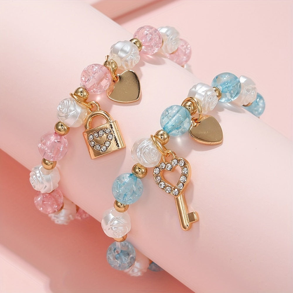 2PCS Children's Heart Pendant Bracelet Flower Beaded Elastic Accessory